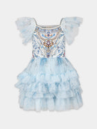 Vestito celeste per bambina con stampa floreale,Camilla,00025651 SEASOSIR